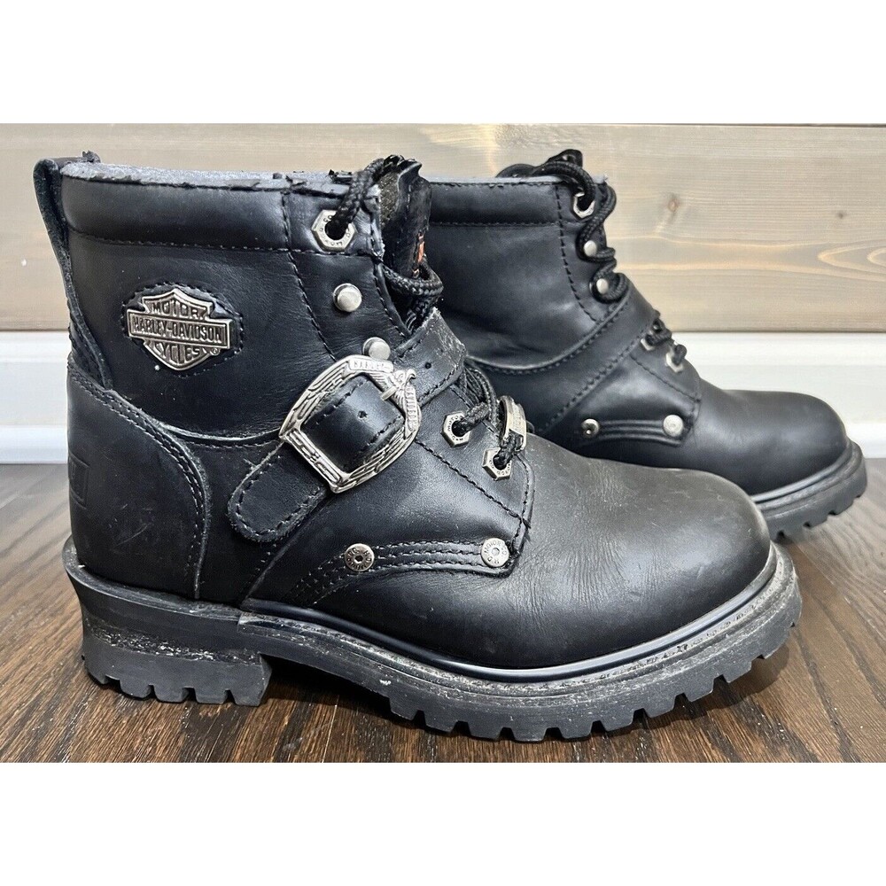 Harley-Davidson Black Leather Combat Moto Boots with Silver Buckles